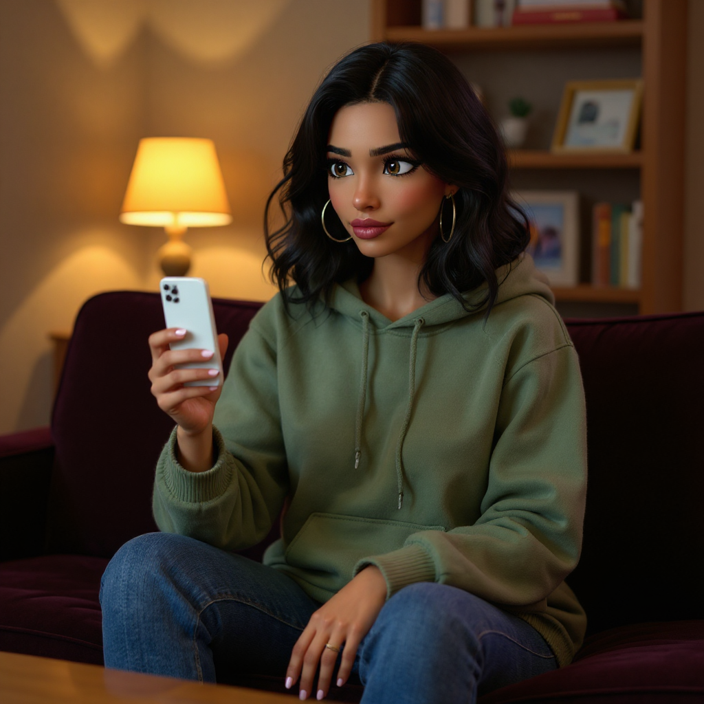 Emma sits cross-legged on her deep jewel-tone velvet couch in an oversized sage green hoodie, holding a remote control up toward camera with one eyebrow raised and a deeply skeptical expression, warm lamp glowing behind her and a shelf of DVDs visible in the background.