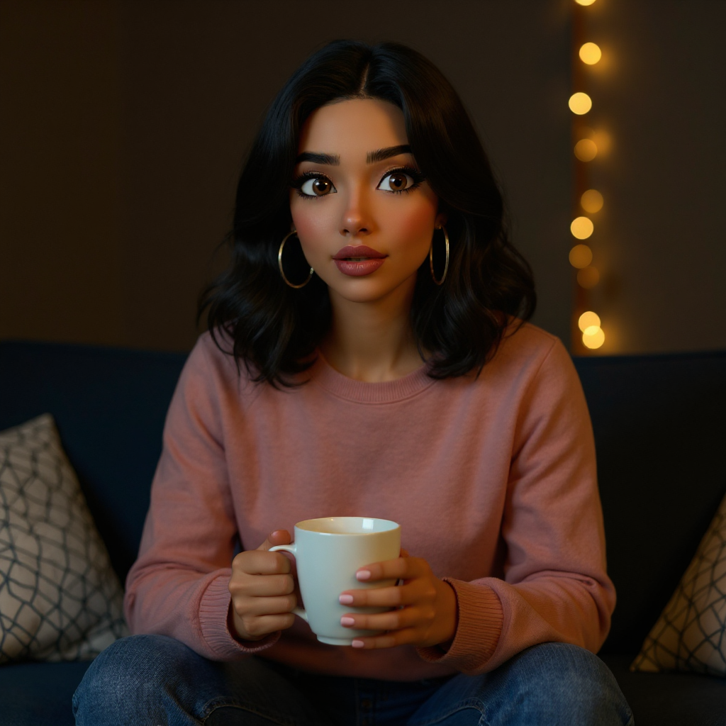 Emma leans forward with elbows on her knees in a dusty rose oversized crewneck, both hands wrapped around a large ceramic mug, eyes wide mid-sentence as if she just said something she cannot believe she has to explain, cozy night living room with string lights behind her.