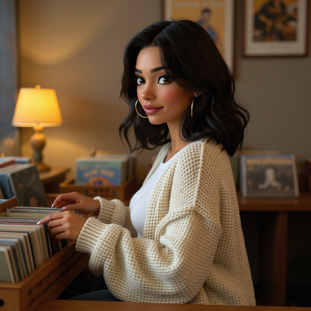 Emma sits at the counter of a warmly lit vintage record store, flipping through a milk crate of vinyl with one hand while side-eyeing the camera over her shoulder, wearing a cream cable-knit sweater, stacks of records and old concert posters filling the background.
