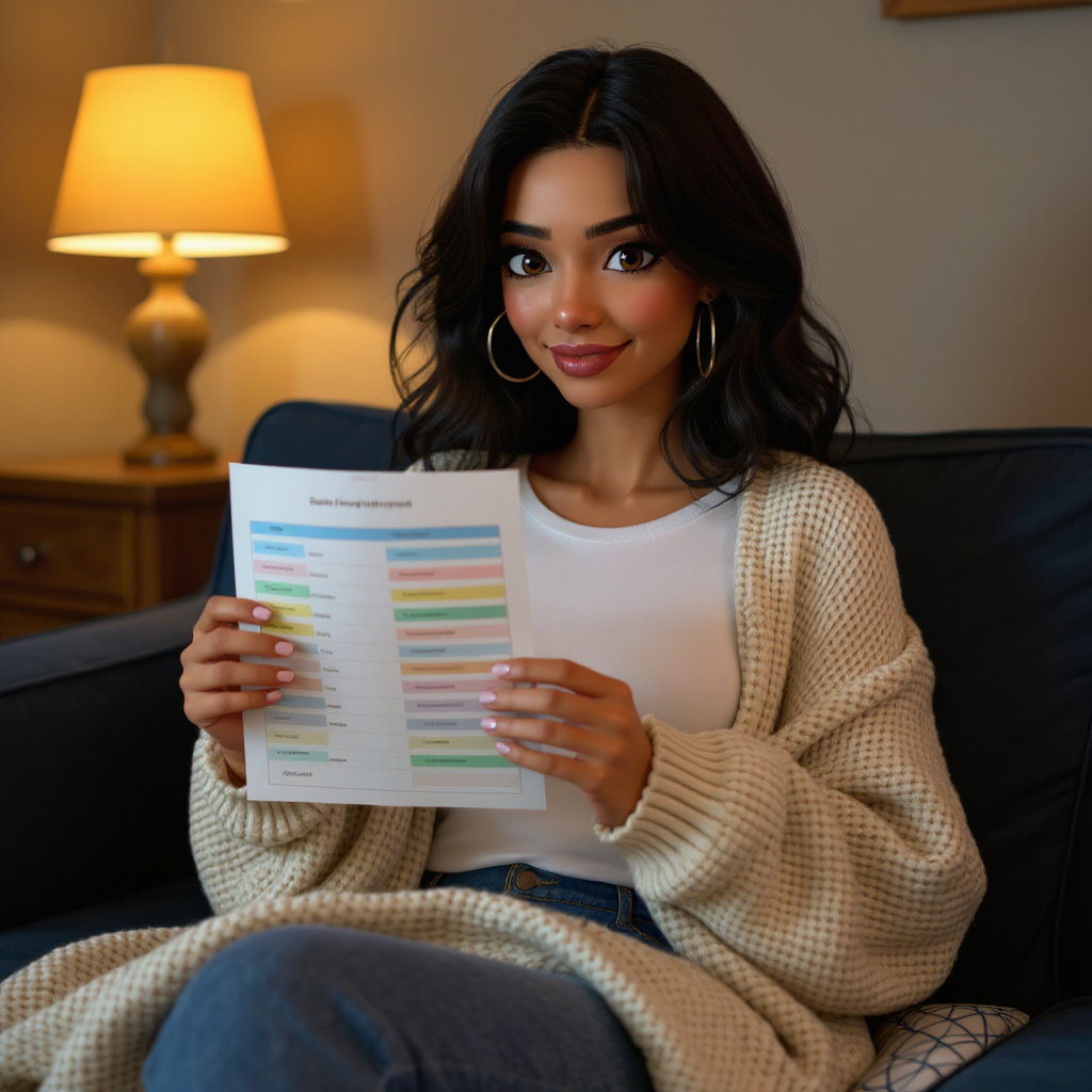 Emma is curled into the corner of her velvet couch with a throw blanket pooled in her lap, holding up a color-coded spreadsheet printout toward the camera with a triumphant grin, single warm lamp illuminating the cozy room behind her.
