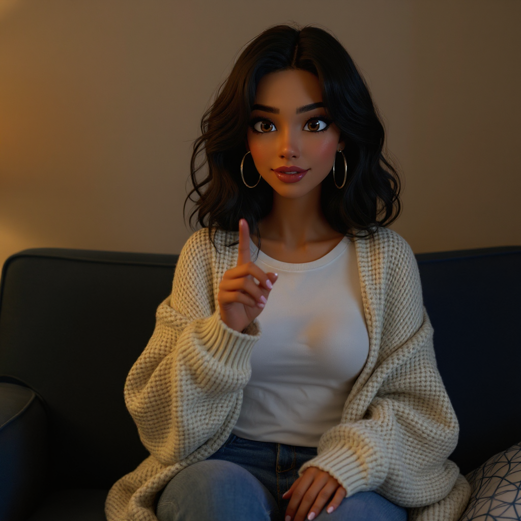 Emma sits on the edge of her couch leaning toward camera in a heather grey oversized sweatshirt, one finger raised making a point, TV glow flickering from off-screen casting soft blue light across her face against the otherwise amber-lit room.