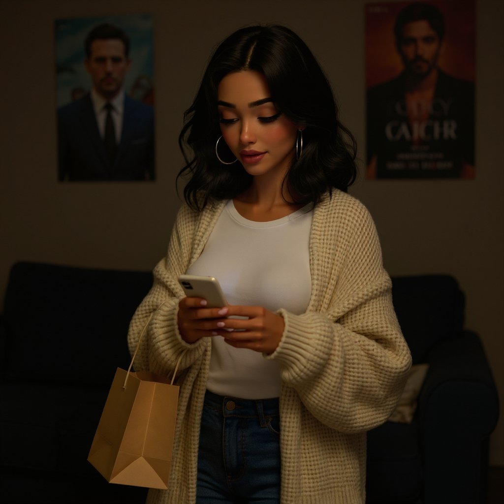 Emma stands in a dim living room holding a takeout bag in one hand and a phone in the other, reading something on the screen with a theatrical expression of disbelief, movie posters faintly lit on the wall behind her.