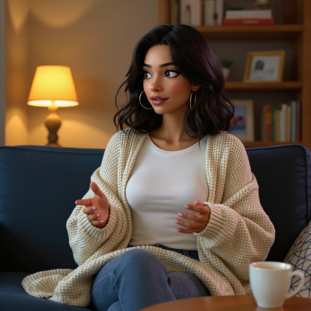 Emma sits cross-legged on her velvet couch in a cream cable-knit oversized cardigan over a white tee, a half-drunk matcha latte on the cushion beside her, gesturing with both hands open as if presenting an argument to a jury, warm bookshelf glowing behind her.