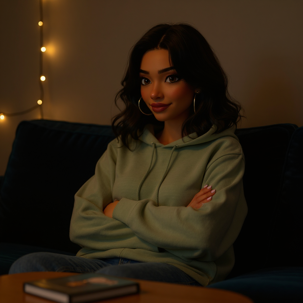 Emma leans back into her velvet couch corner in an oversized sage green hoodie, arms crossed and one corner of her mouth pulled up in a knowing smirk, dim living room with string lights visible and a small stack of DVD cases on the coffee table in the foreground.