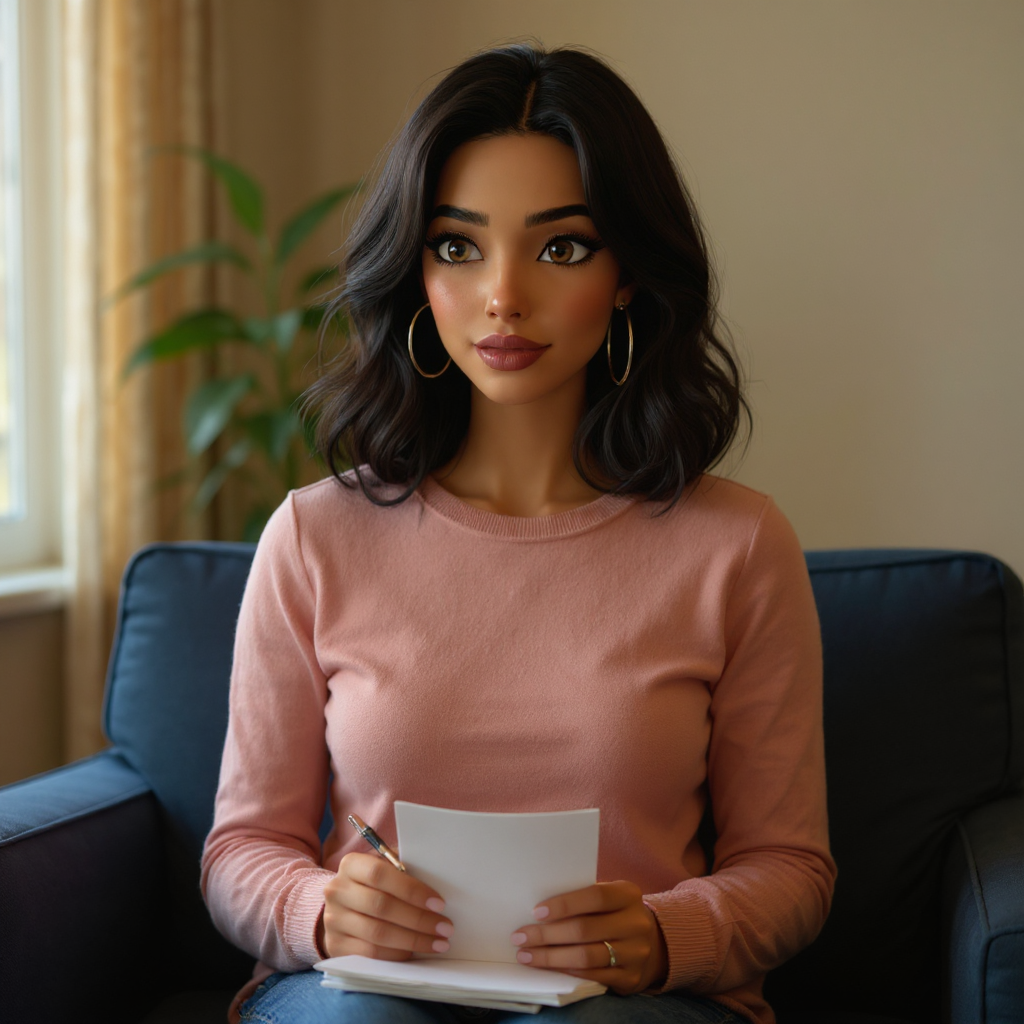 Emma sits upright on her couch in a dusty rose crewneck, holding a pen and a paper-clipped stack of handwritten notes like she is about to deliver a verdict, golden afternoon light coming through curtains with a trailing houseplant visible beside the window.