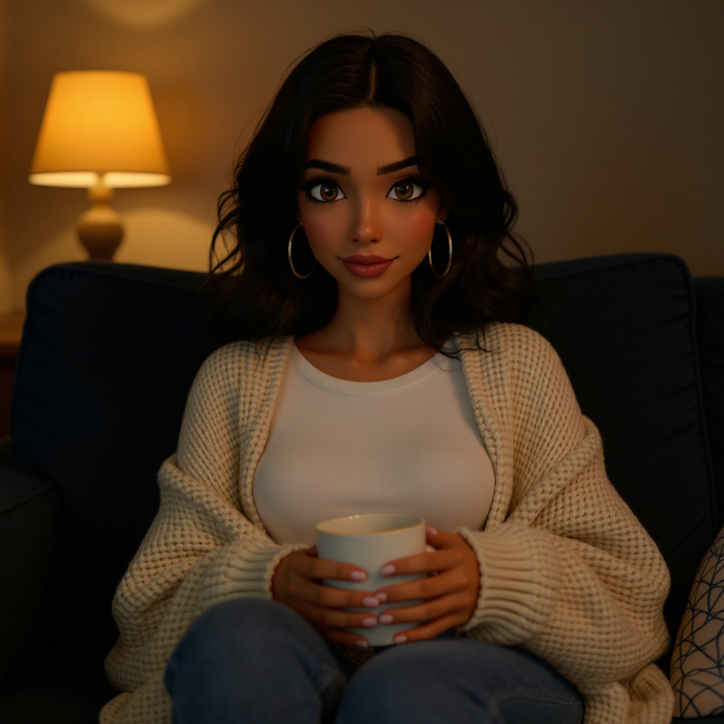 Emma slouches deep into her velvet couch in a soft cream knit cardigan with a throw blanket around her shoulders, eyes half-narrowed at camera as if she is three episodes deep into something she told herself she would only watch one of, the room dark except for the warm glow of a single lamp.