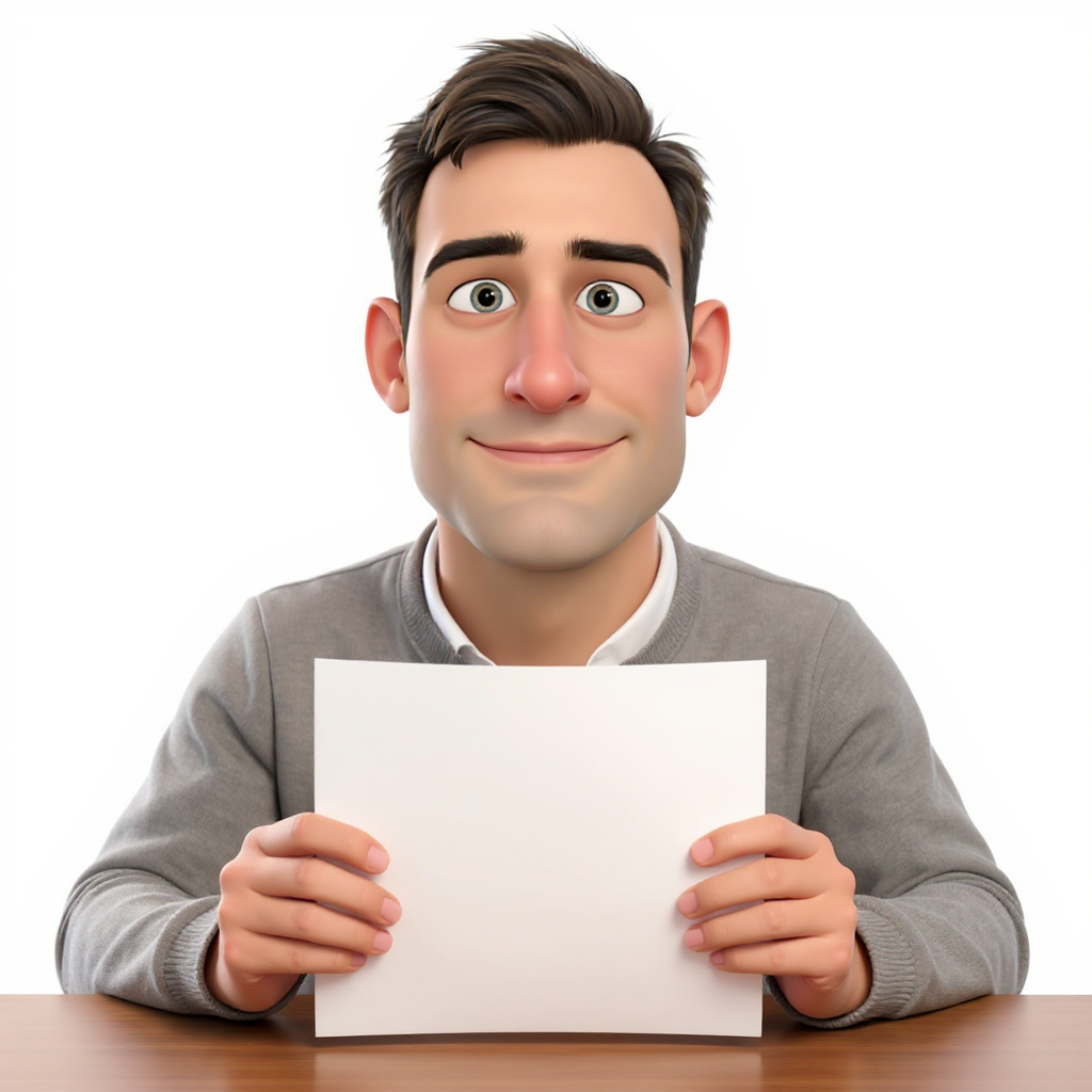 Bob sits at his SoMa desk in a plain grey crewneck, elbows forward, holding a single printed pitch deck page up toward the camera with one eyebrow slightly raised and a dry half-smile.