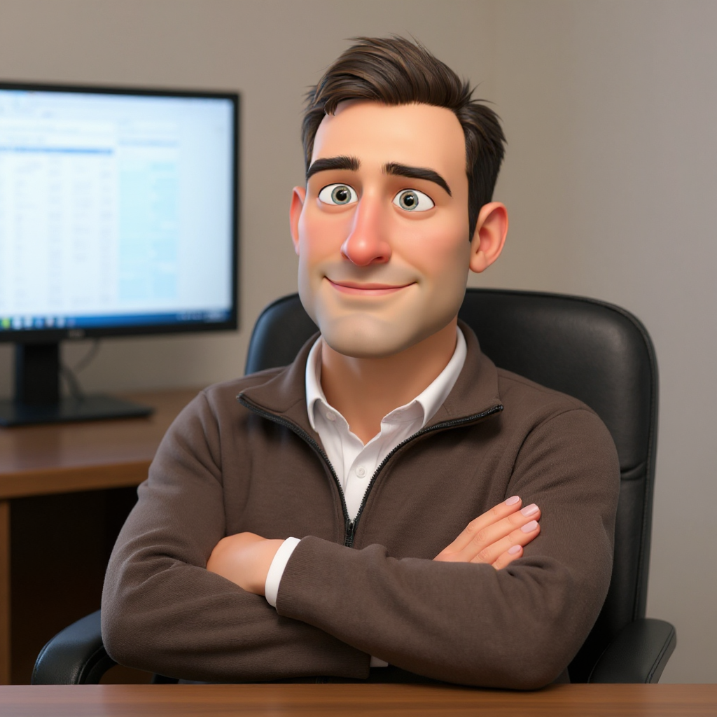Bob leans back in his desk chair in a charcoal zip fleece over a blue OCBD, arms loosely crossed, large monitor glowing behind him with a spreadsheet just barely visible, expression calm and faintly amused.