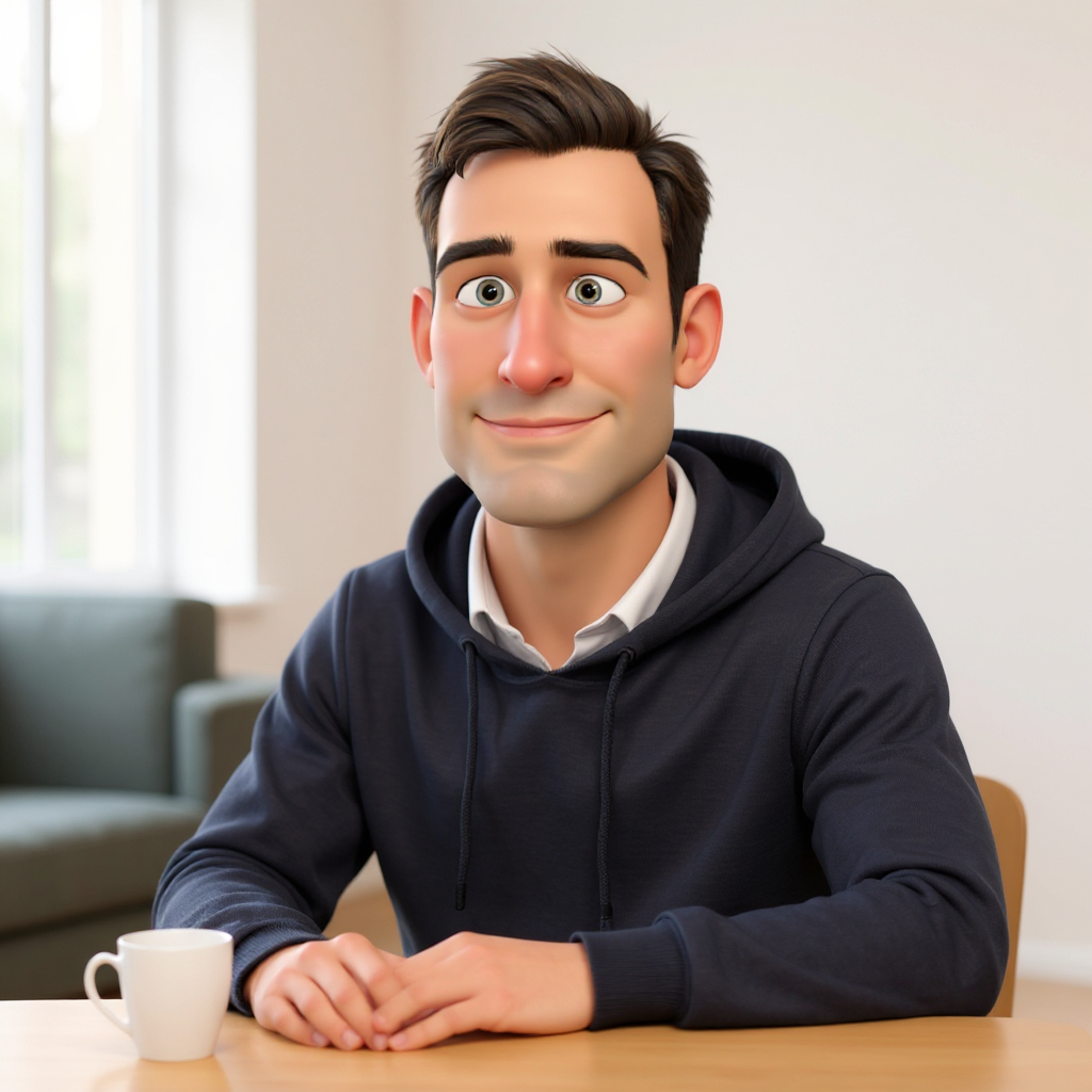 Bob sits in a bright co-working lounge corner in a dark navy hoodie, one hand resting on the table, coffee cup nearby, looking slightly off-camera with a thoughtful squint as if mid-realization.