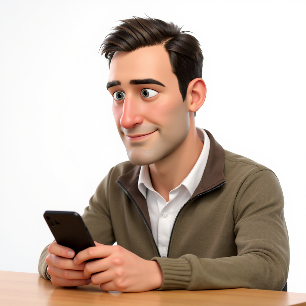 Bob is at his desk in a washed olive zip-up over a white tee, head tilted slightly with chin raised, holding his phone face-down like he just read something and decided not to respond.