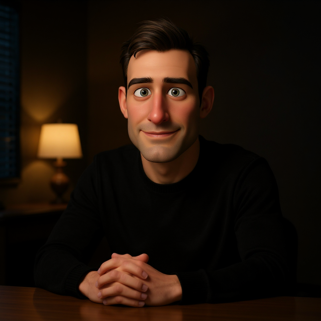 Bob leans toward the camera in a black mock-neck sweater in a dimly lit evening office, single desk lamp casting warm light, hands loosely clasped in frame, expression quiet and direct.