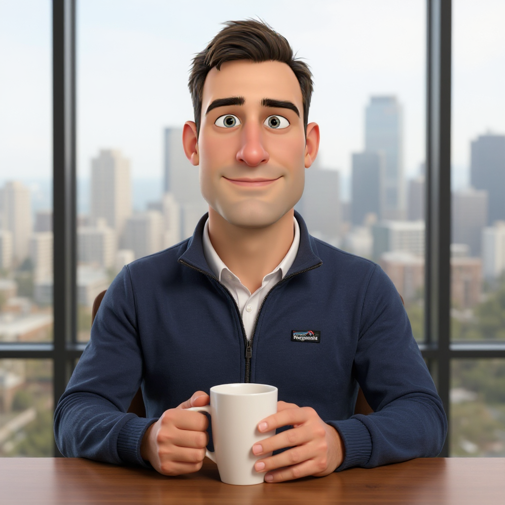 Bob sits upright in his chair in a navy Patagonia quarter-zip, holding a ceramic mug in both hands, floor-to-ceiling window behind him showing a soft-focus SF skyline, looking straight at the camera with a measured half-smile.
