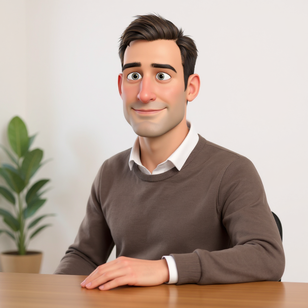 Bob is mid-lean to one side in a plain grey crewneck at his desk, one arm draped over the back of his chair, a small potted plant visible in the corner, expression dry and relaxed as if wrapping up a long point.