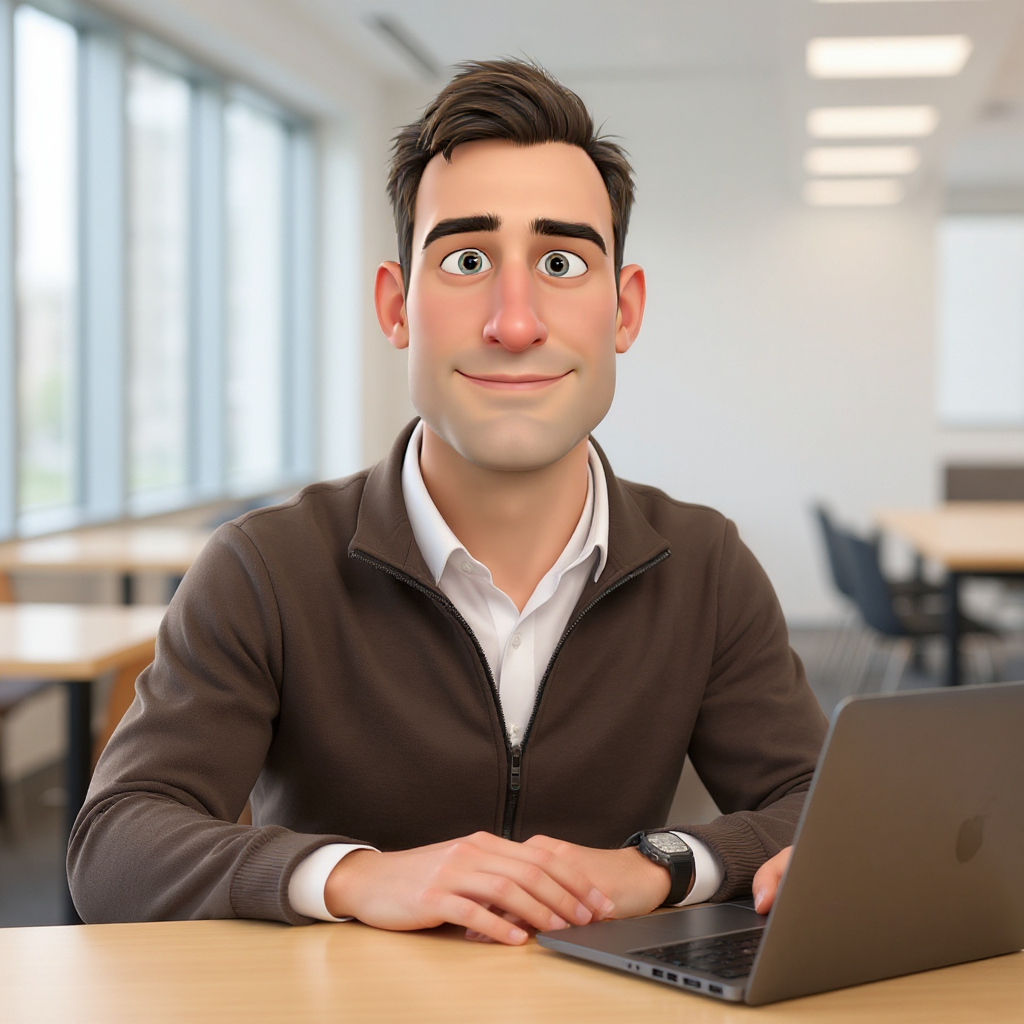Bob sits in a clean co-working lounge in a charcoal zip fleece, a closed laptop on the table in front of him, watch visible on his left wrist, both hands flat on the table, looking at the camera like he just heard a pitch and has thoughts.
