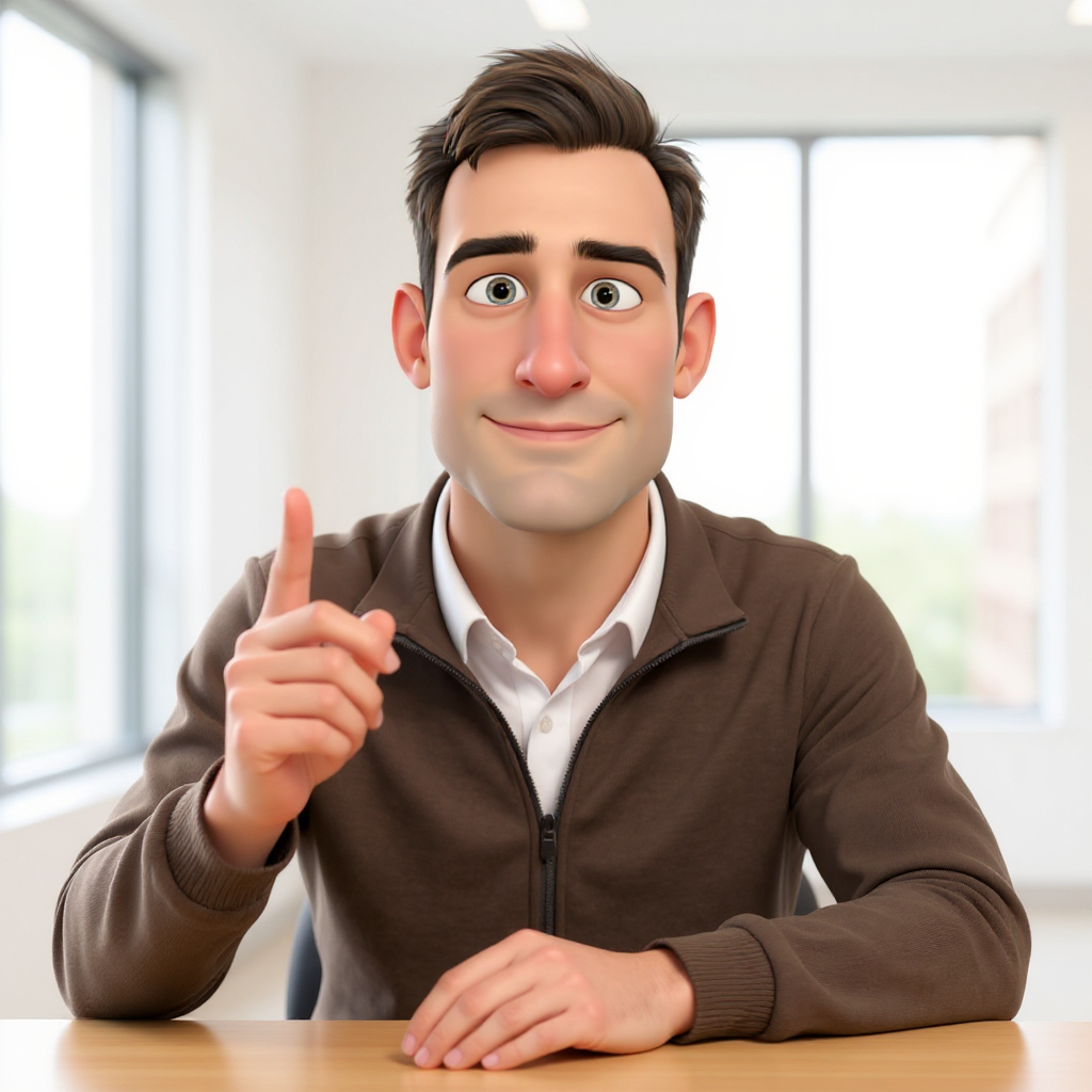 Bob leans slightly forward in a bright daytime office flooded with natural window light, wearing a washed olive zip-up, one hand on the desk and the other raised with index finger up mid-point, the kind of calm emphasis that means he's about to say the actual thing.